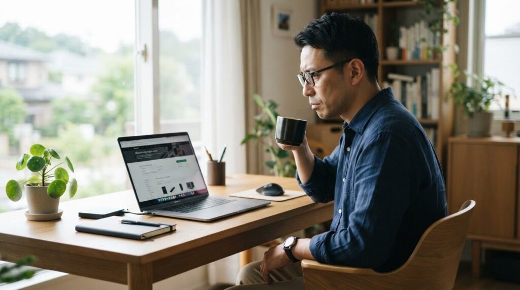 ホームオフィスでラップトップを使い、メーカーの生産終了品アーカイブを慎重に検索する日本人男性。