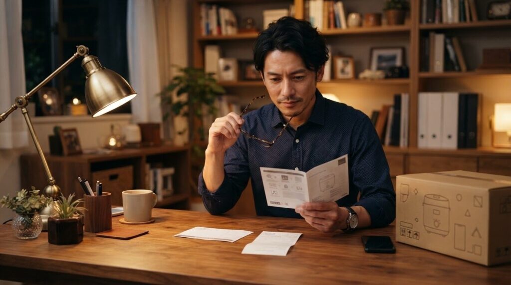 木製デスクで保証書、領収書、製品箱を照合しながら確認する日本人男性。代替情報源の活用を表現する画像。