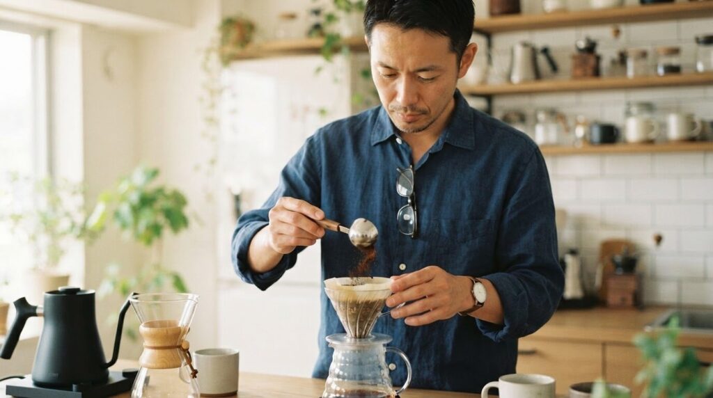 ペーパーフィルターにコーヒー粉を慎重に追加している日本人男性。