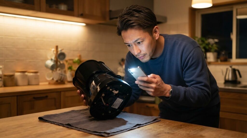 キッチンカウンターでコーヒーメーカーの底面ラベルをスマートフォンのライトで照らして確認する日本人男性。