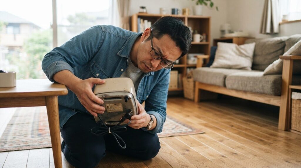 床に座り込んで中古の家電製品の型番ラベルと電源コードを真剣に確認する日本人男性のライフスタイル写真。中古購入前のチェックの重要さを表現しています。