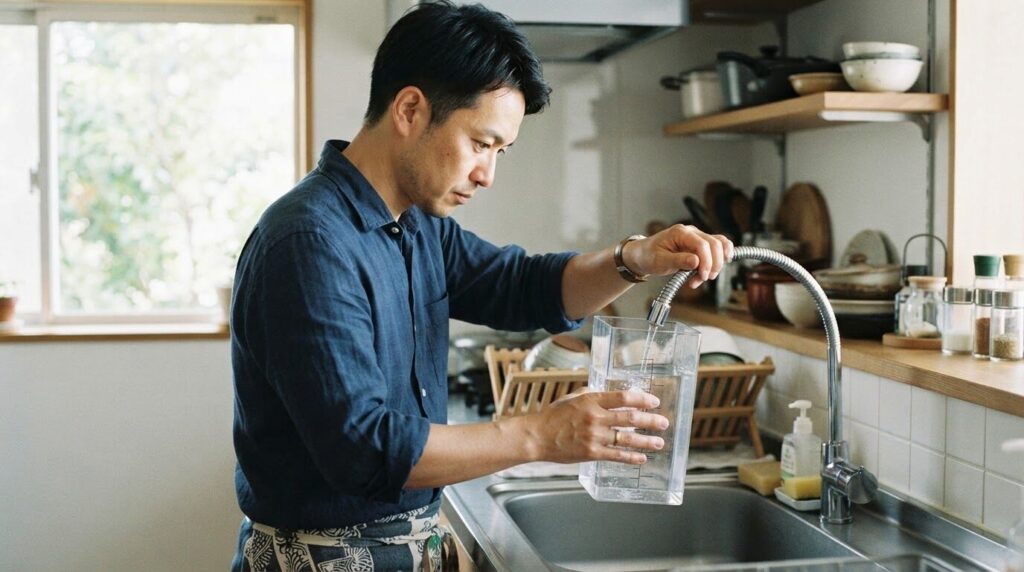 清潔な日本風キッチンで日本人男性が透明なタンクに水を入れながら目盛りに集中している、利便性と共通仕様を確認するシーンの写真。
