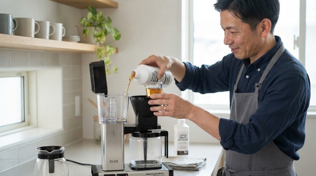 「クエン酸洗浄を行う際、計量カップで洗浄液を慎重に加水タンクに注ぐ日本人男性の安全な洗浄作業」