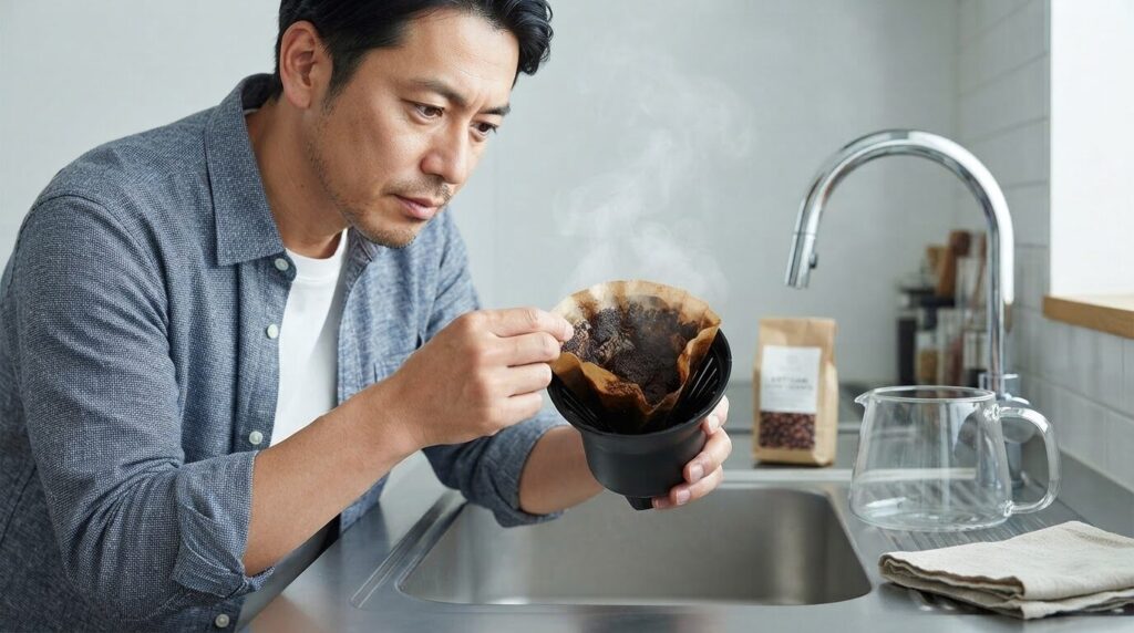 使用済みペーパーフィルターを注意深く確認する日本人男性。詰まりや粉量過多の点検シーン。