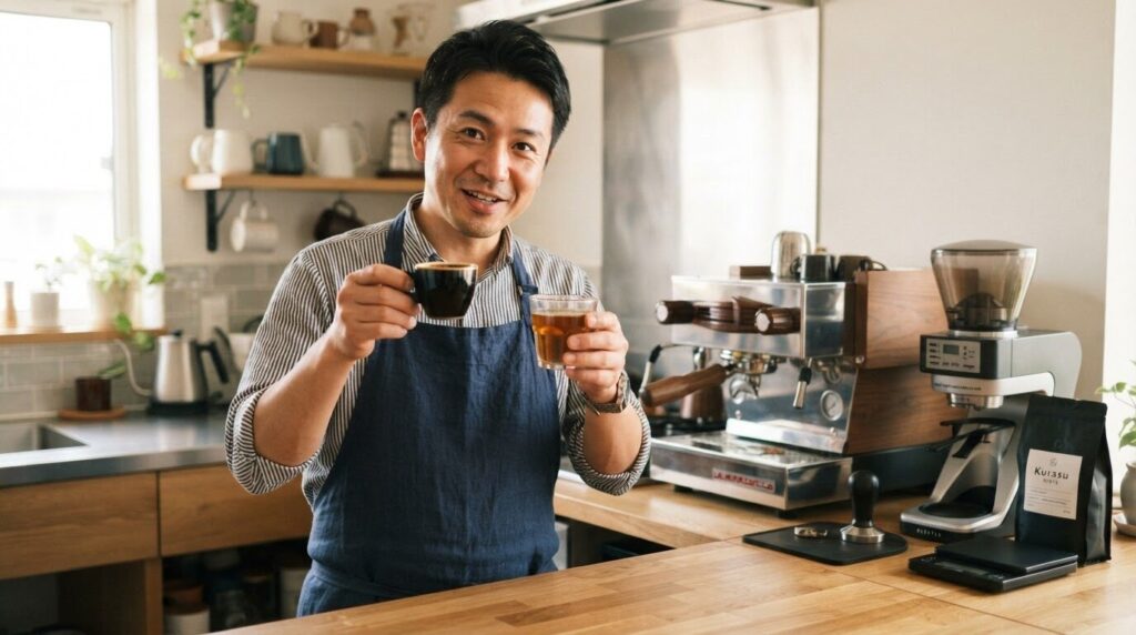 色の異なる2杯のコーヒーを並べて挽き目の違いを説明している日本人男性のライフスタイル写真。読者が疑問を解決するための教育的な場面を表現しています。