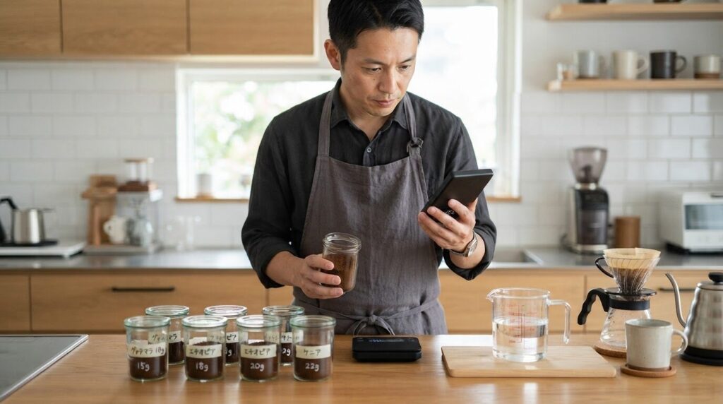 「粉量と水量のバランスを確認し、デジタルスケールでコーヒー粉を計量する日本人男性の真剣な表情」