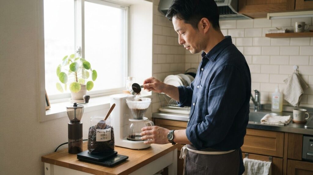 ペーパーフィルターをセットしてコーヒー粉を準備するシーン
