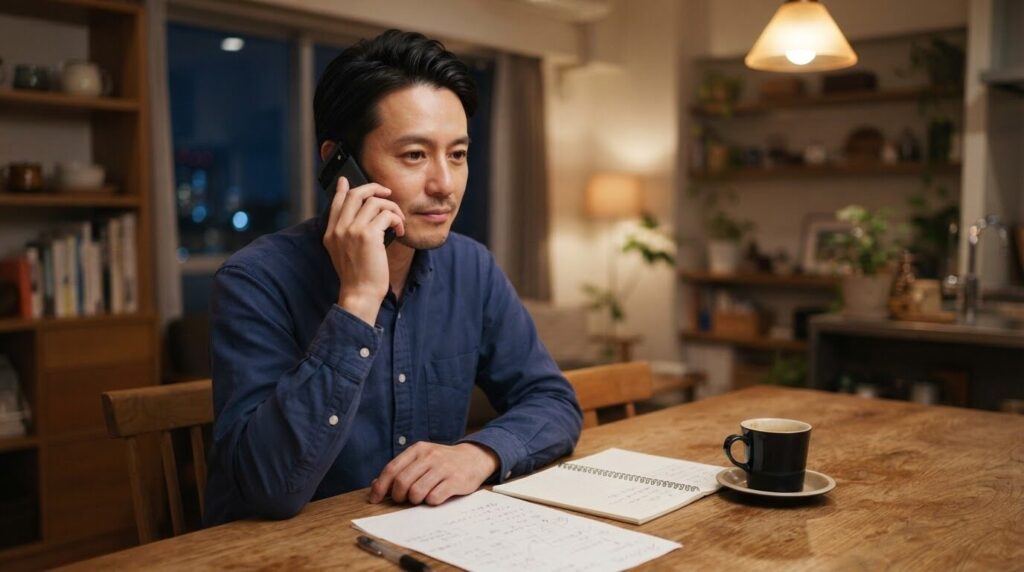 メーカーサポートデスクに電話相談する日本人男性の落ち着いた対応シーン