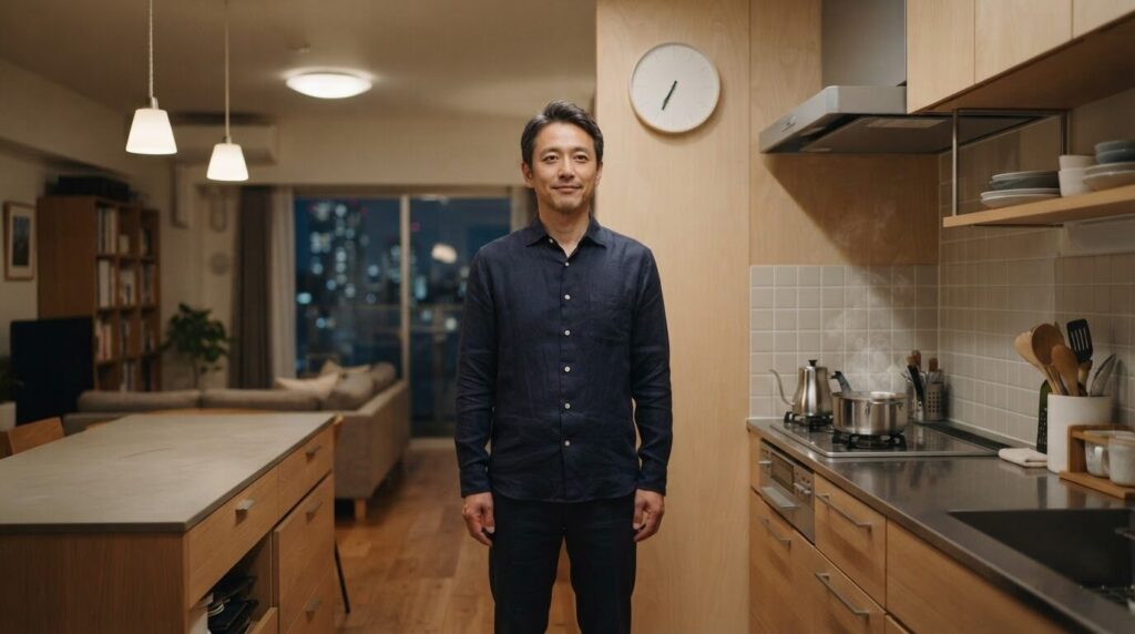 カプセル内の圧力が抜けるのを壁時計を見ながら静かに待つ日本人男性