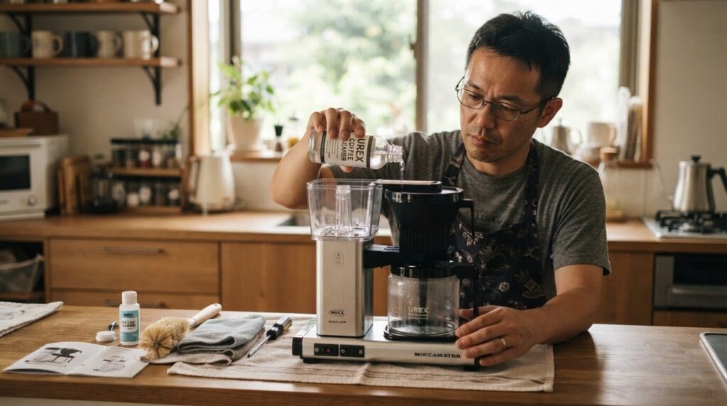 クエン酸を使ってコーヒーメーカーを丁寧にメンテナンスしている日本人男性
