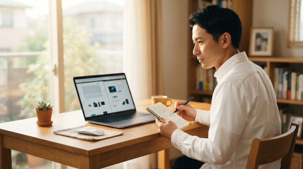 ノートパソコンで2つの商品ページを比較検証する日本人男性。在庫情報を慎重に確認する調査シーン。
