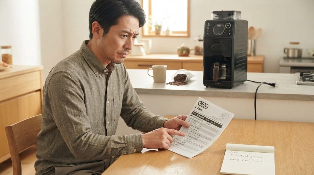 コンセントを抜き取扱説明書のエラーコードを確認する日本人男性とK-CM9