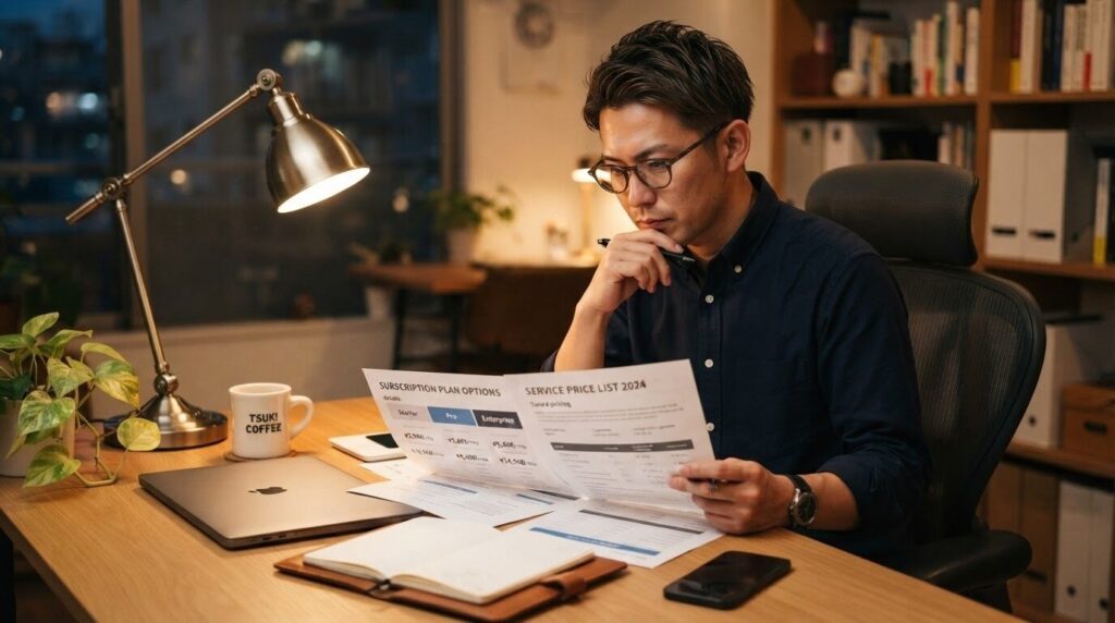 在宅デスクで価格表や定 &配送プランの資料をペンで指しながら慎重に吟味する日本人男性。購入判断の真剣な様子を表現。