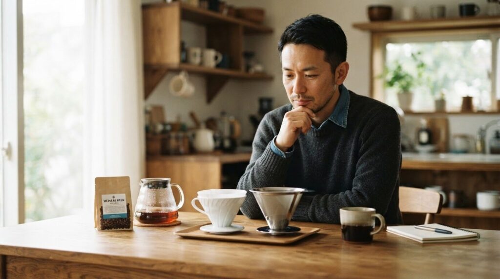木製のキッチンテーブルで、紙フィルターと金属メッシュフィルターを前に、顎に手を当てて真剣に比較検討している日本人男性。