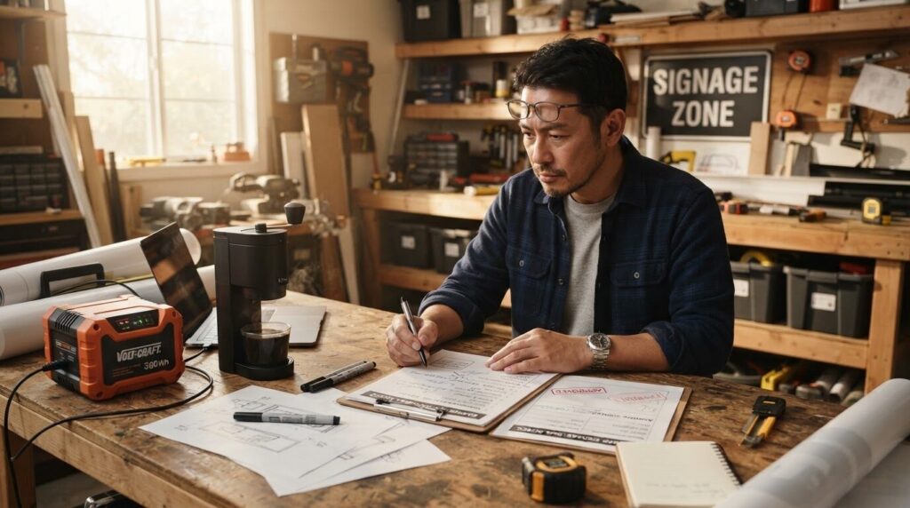 ガレージのワークベンチで、日本人男性がクリップボードのメモを見返し、隣のポータブルコーヒーメーカーとバッテリーを眺めながら導入を最終的に判断している様子。記事全体の結論として、用途に応じた選択を促すまとめ画像。