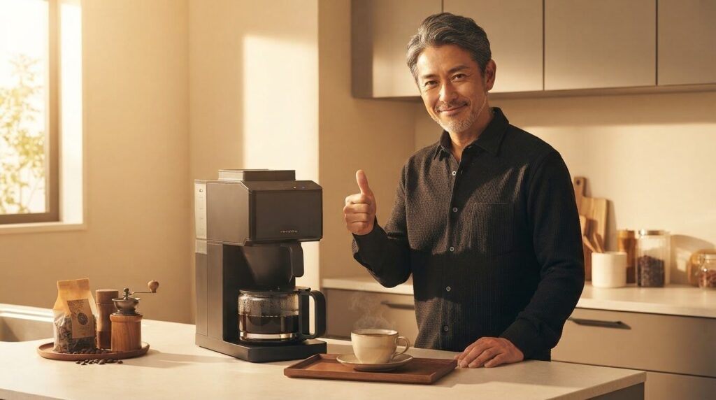マットブラックの全自動コーヒーメーカーセットアップと満タンのガラスカラフェの傍らで、朝日の中淹れたての一杯を楽しみながら、丹念なリサーチ後の自信に満ちた選択を表現する親指を立てる40代の日本人男性