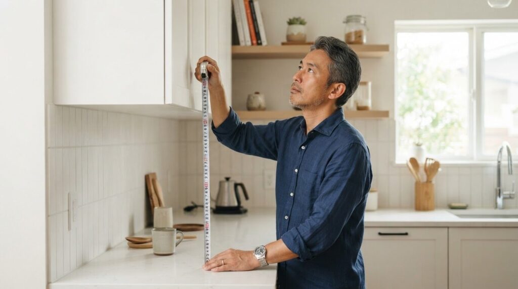 「キッチンカウンター上の設置スペースをメジャーで確認する日本人男性」