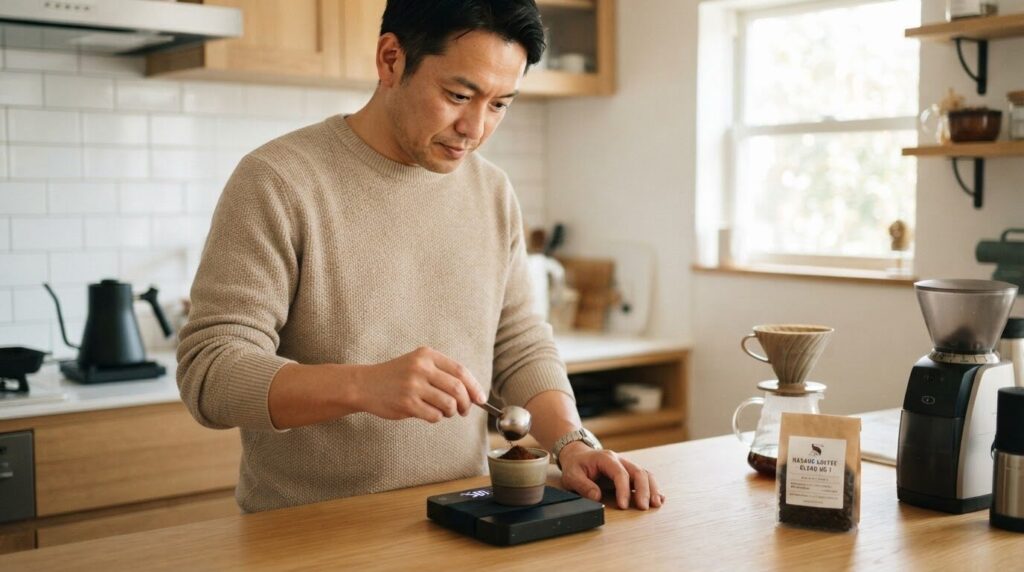 デジタルスケールの上でコーヒー粉を正確に計量する日本人男性。