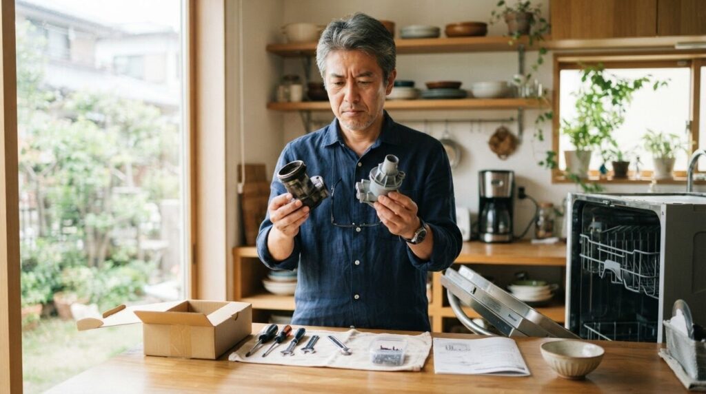 キッチンカウンターで日本人男性が新旧二つの部品を並べて比較検討している真剣な表情を表現した写真。