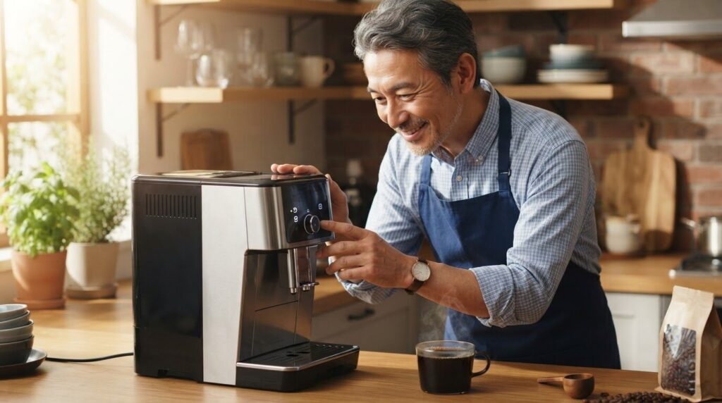 朝のキッチンでコーヒーメーカーの前面ラベルを友好的に確認する日本人男性。