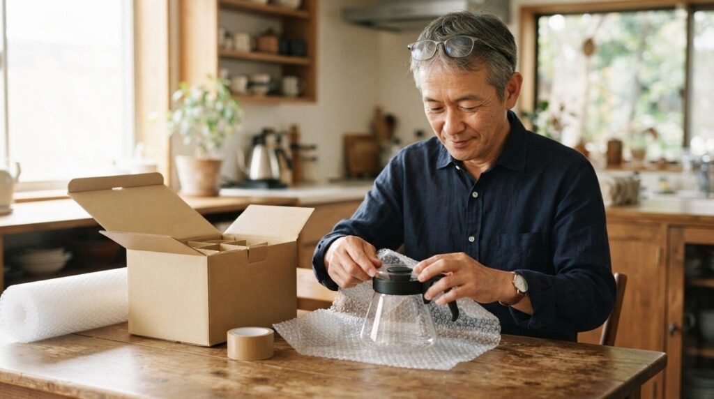 届いたガラス容器を丁寧に梱包材で包む日本人男性。破損を防ぐ慎重な取り扱い場面。