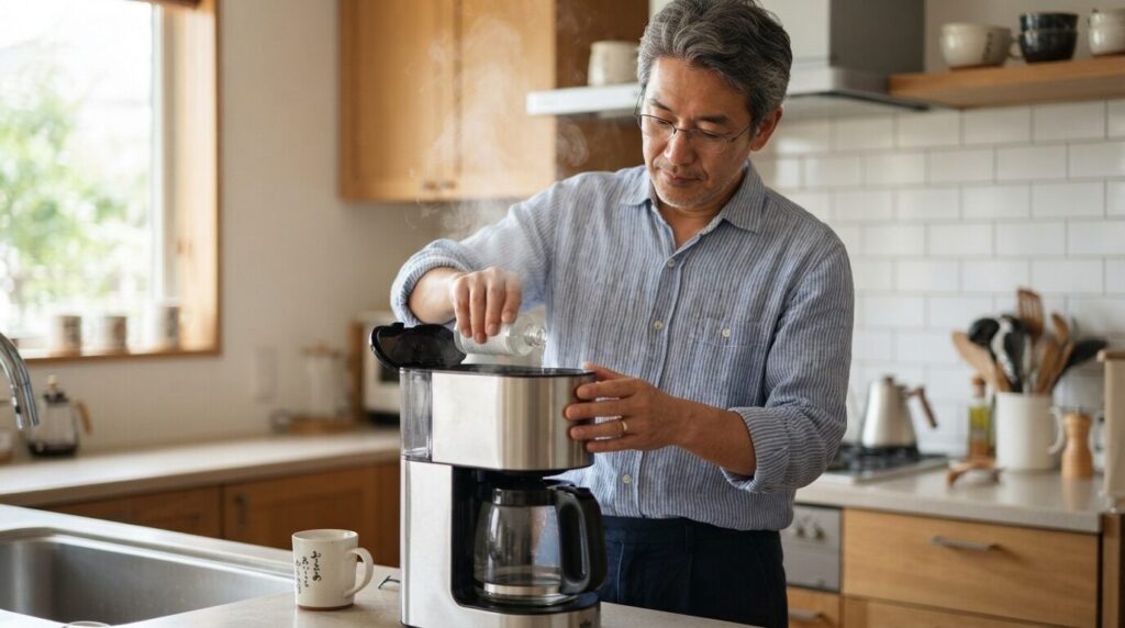 クエン酸を給水タンクに慎重に入れて定期洗浄を行う日本人男性。内部洗浄ルーティンを示す画像。