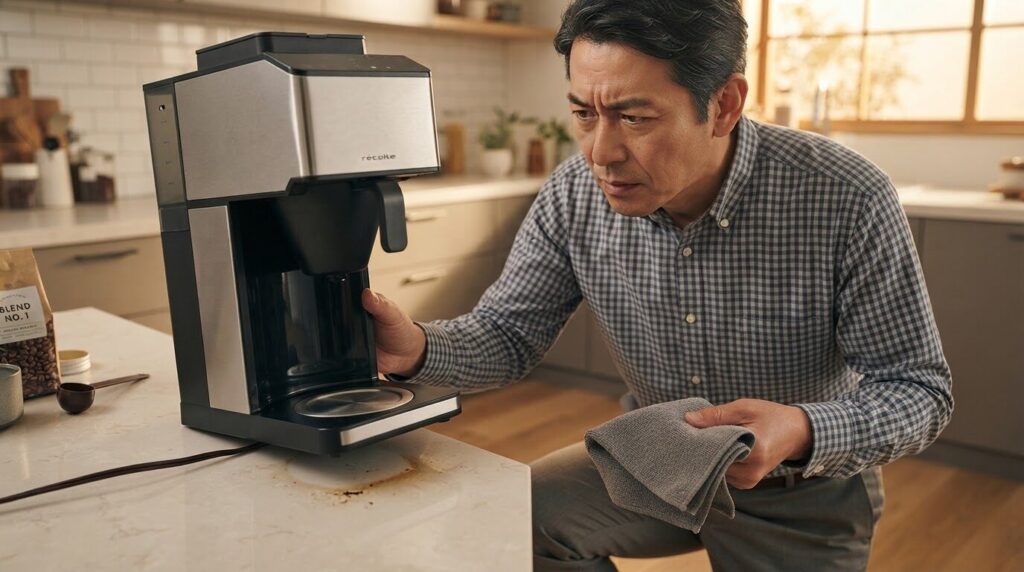 電源を抜いたコーヒーメーカーのプレート周りを確認する日本人男性。焦げ臭と水漏れの原因切り分けの様子。
