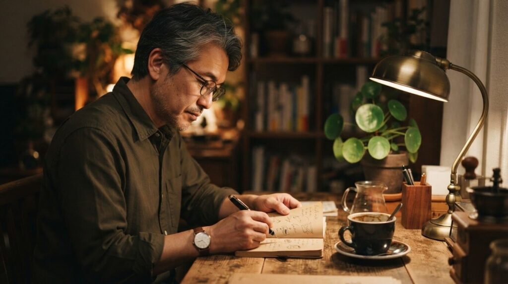 メモ帳に味の調整を書き込みながらコーヒーを楽しむ日本人男性