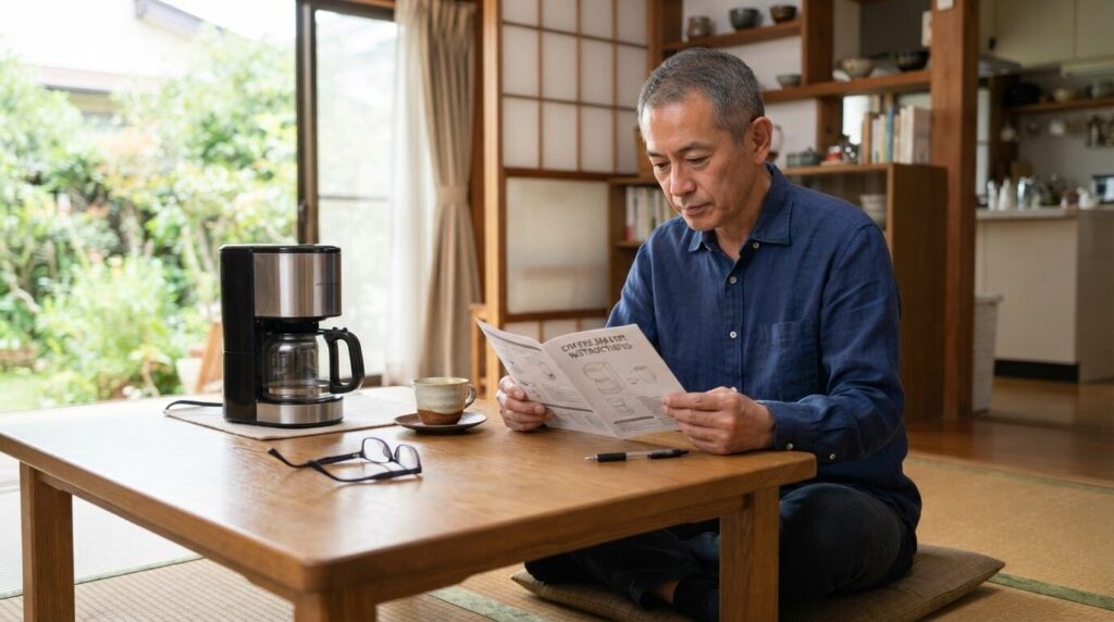 取扱説明書を読みながら安全に使用方法を確認する日本人男性
