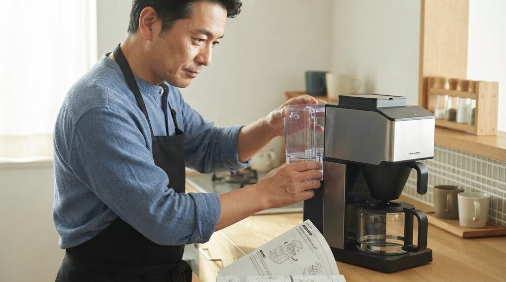 取説を参照しながら給水タンクを正しくセットし直す日本人男性。パーツ装着ミス解消の作業風景。