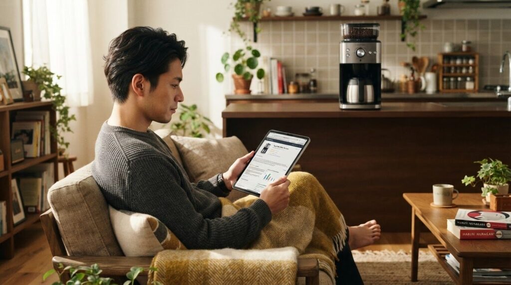 リビングでタブレットの口コミや評価を参考にする日本人男性