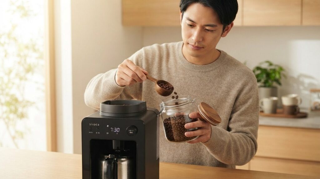 ダークグレーのホッパーへコーヒー豆を慎重に移す日本人男性とSC-A371本体