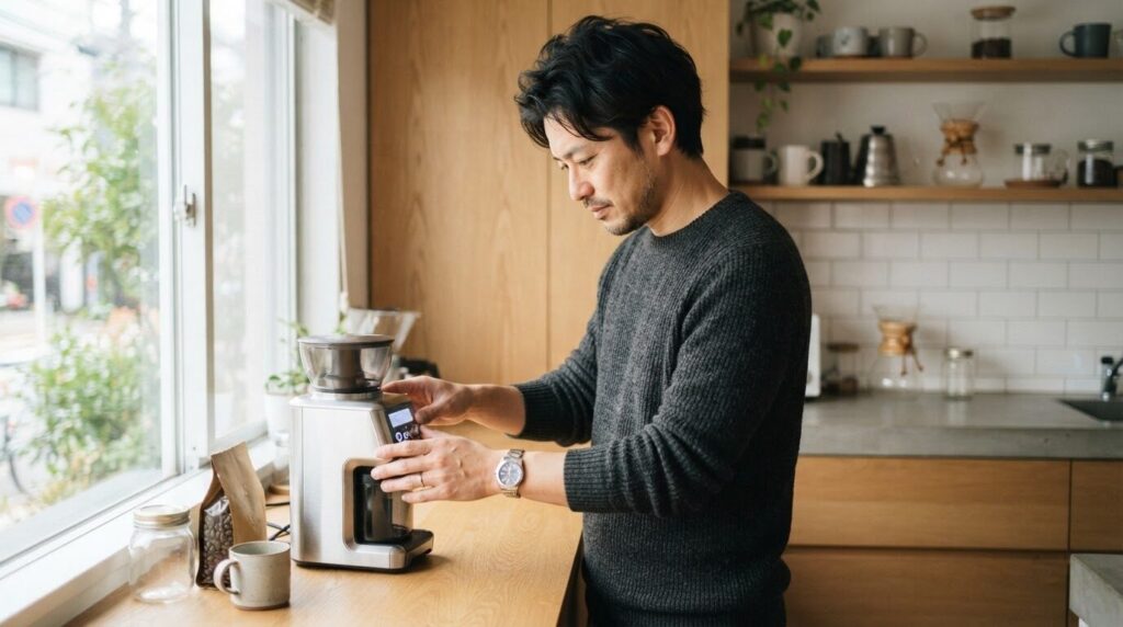 「朝食の準備で家電を真剣に設定している日本人男性。購入後の使い方を具体的にイメージさせる画像」