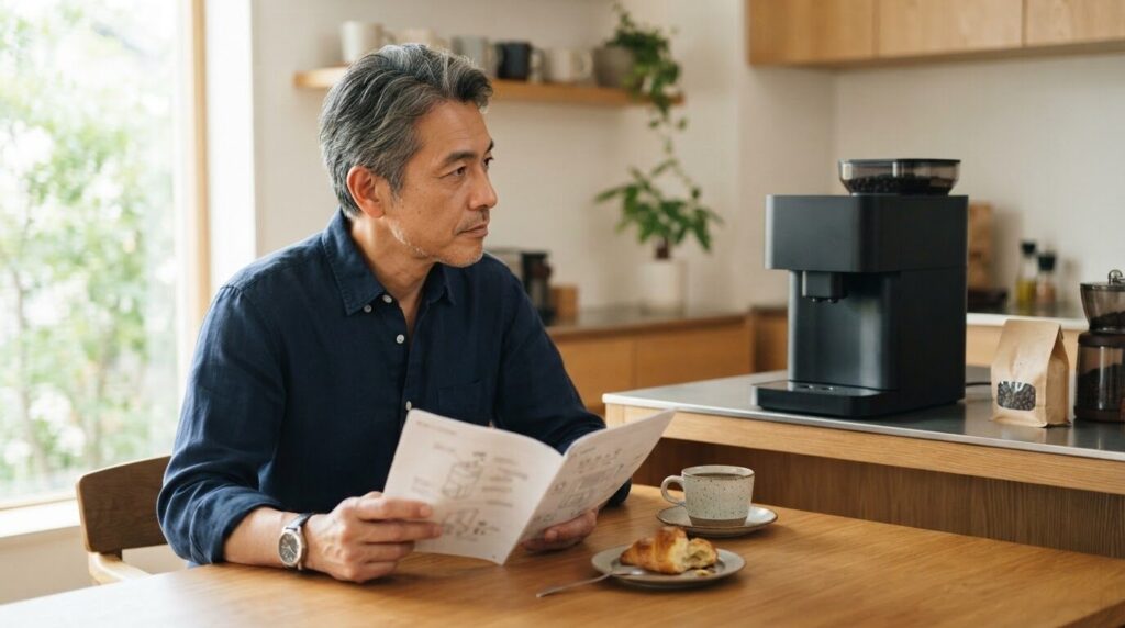 説明書を見ながら全自動コーヒーメーカーの挽き目を設定する使用イメージ