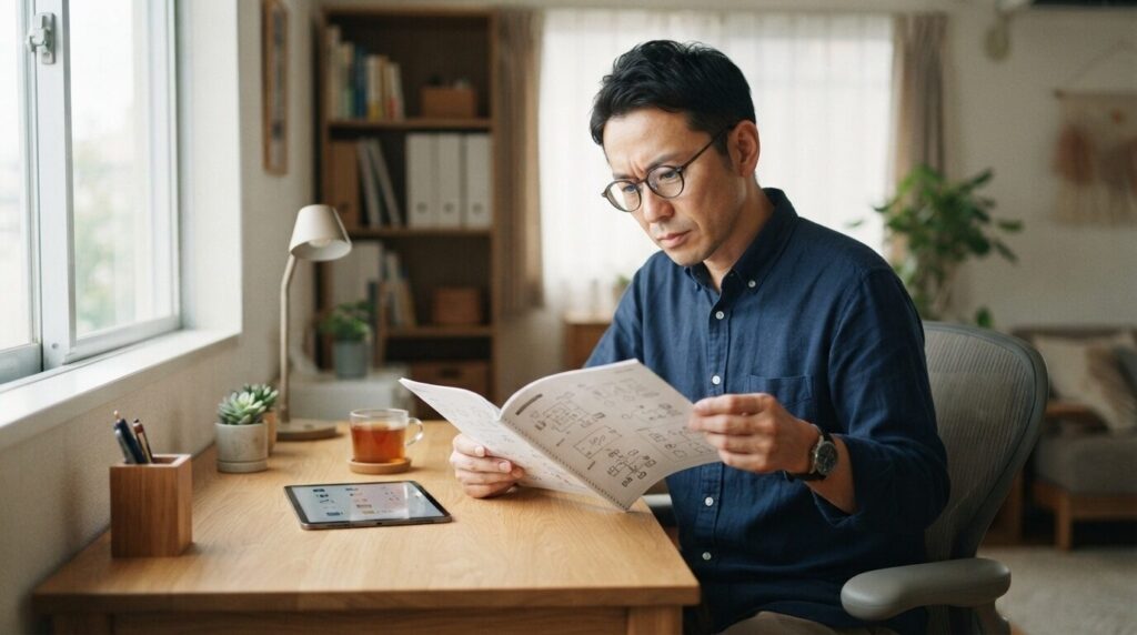 デスクで日本人が眼鏡をかけて取扱説明書を真剣な表情で読み込んでいる様子。機種別の説明書を事前に確認する正確な準備作業を表現する画像。