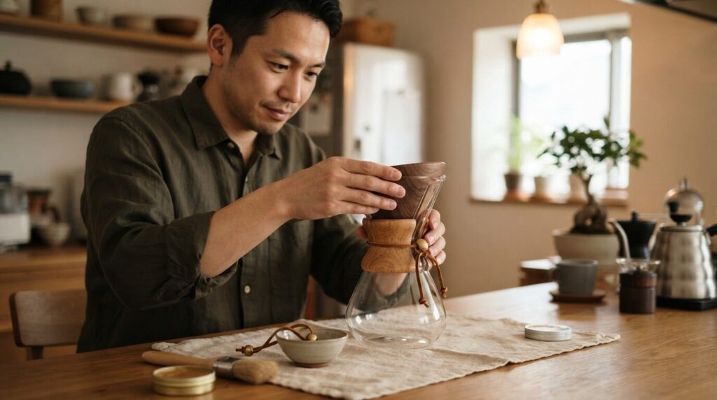 ケメックスの木製カラー部分を丁寧にはずしている日本人男性。
