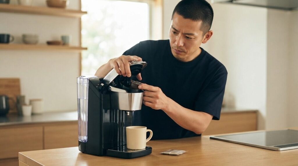 キューリグのホルダーに専用コーヒーカプセルを正しい向きで慎重にセットする日本人男性。横には温かいマグカップが置かれ、朝の準備の集中した瞬間を切り取った画像です。