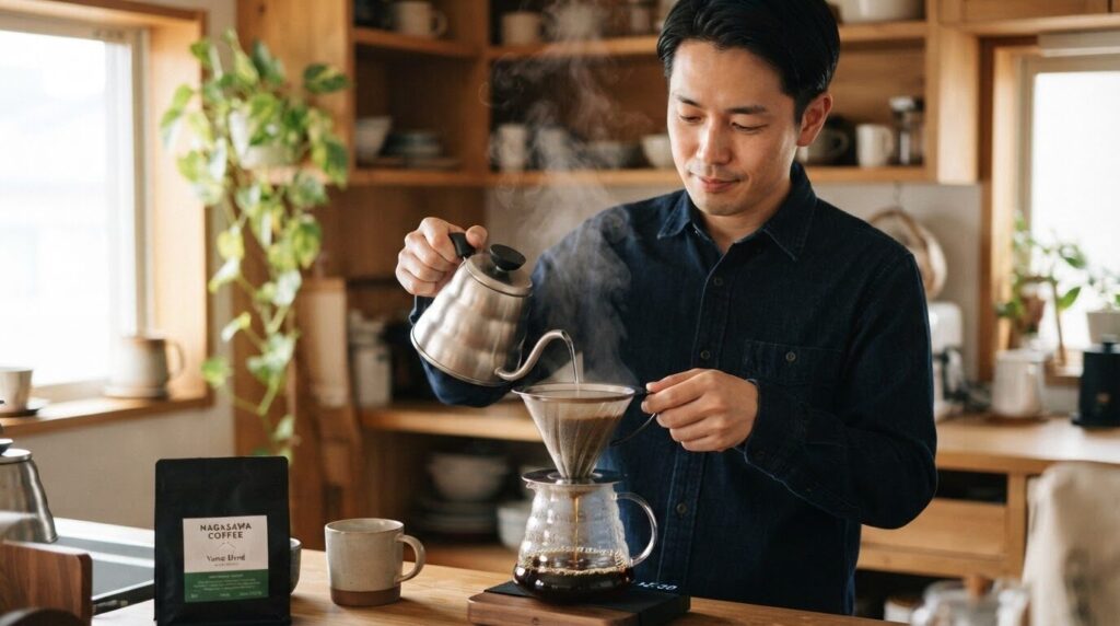 落ち着いた表情で、メッシュフィルターへ丁寧にお湯を注ぐ日本人男性。下のガラスサーバーに濃いコーヒーを受けている。