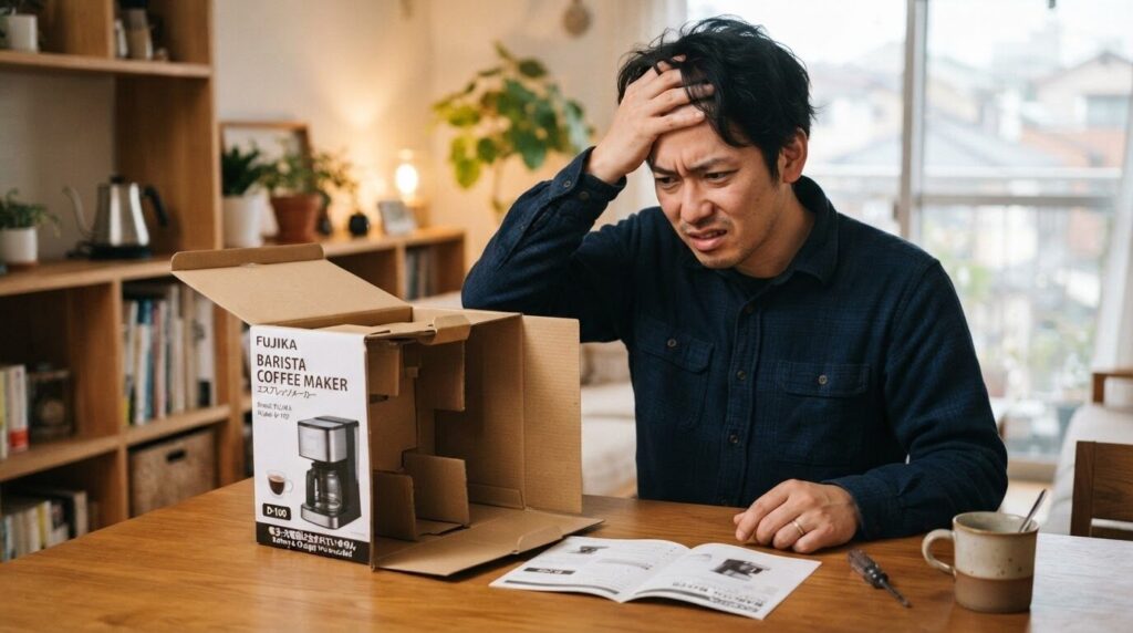 届いた商品を広げて空の箱を見つめ、バッテリーと充電器が別売だったことに気づいた日本人男性の困惑した表情。購入前のセット内容確認の重要性を印象付ける。