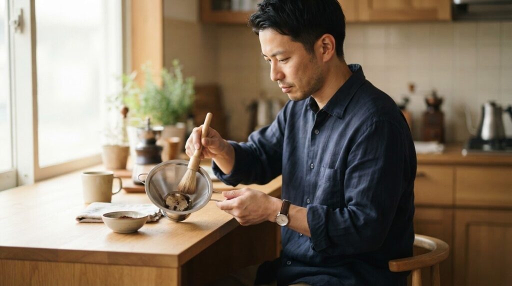 キッチンの明るい窓辺で、柔らかいブラシを使ってステンレスメッシュフィルターの網目を丁寧に優しく掃除する日本人男性。針や金属ブラシを避け、柔らかいブラシで網目を傷めないように清掃する正しい方法を強調する画像。