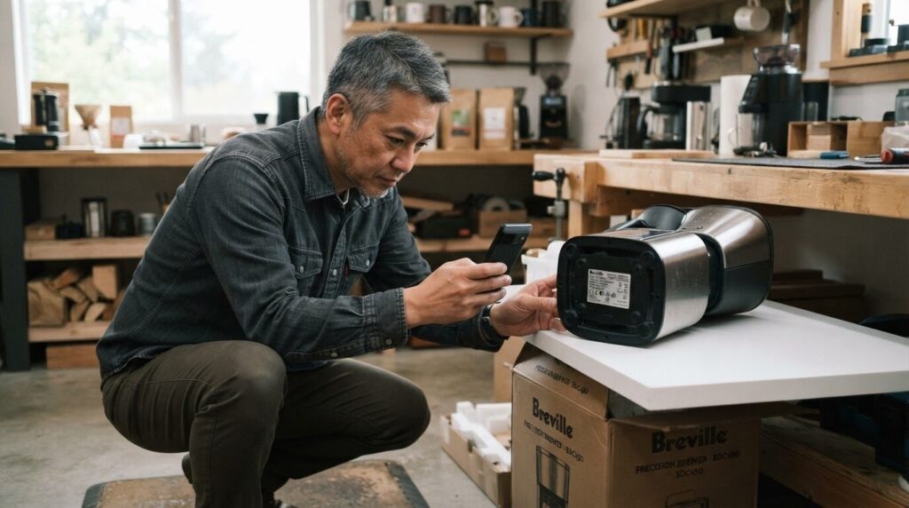 コーヒー器具の底面にある型番ラベルをスマートフォンで撮影し、適合するフィルターを確認している日本人男性。