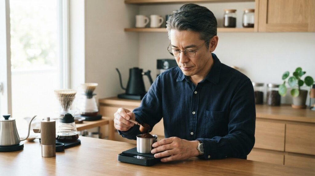 精密なキッチンスケールでコーヒー粉を慎重にはかり取る日本人男性。