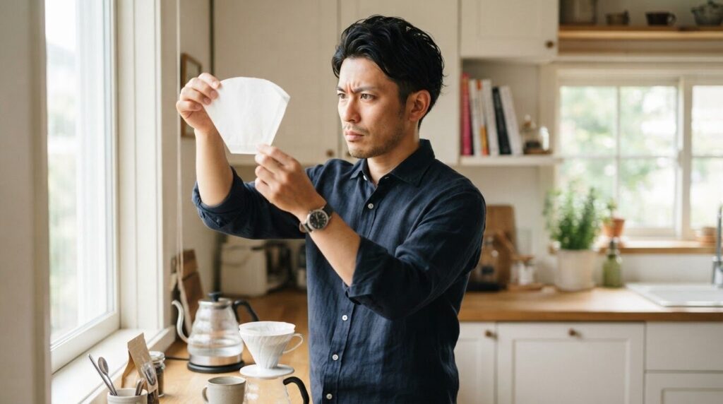使用前のフィルターを光に透かしながら、破損や異常がないか真剣な表情で点検している日本人男性。