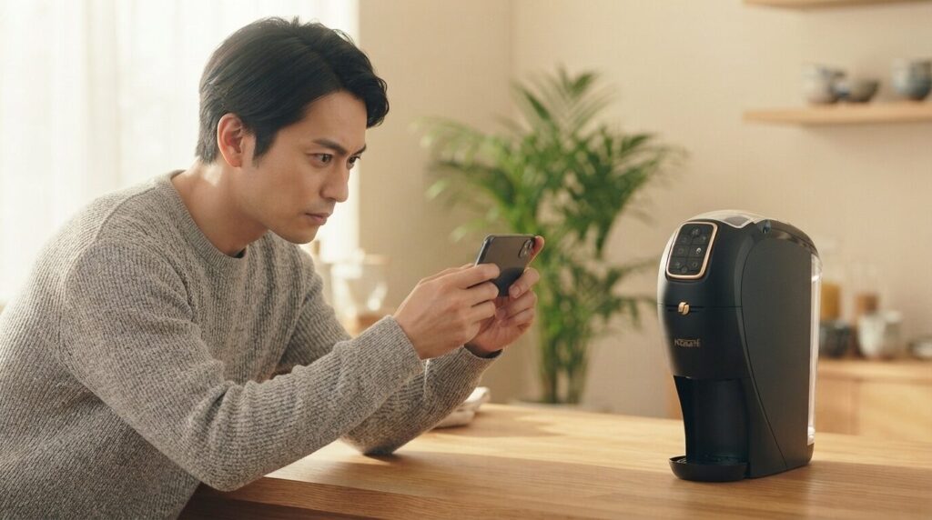 カウンターに置かれたネスカフェバリスタのランプ状態をスマートフォンのカメラで記録する日本人男性。サポートへの相談時に必要な情報を残そうとする慎重な姿勢を表現した画像。