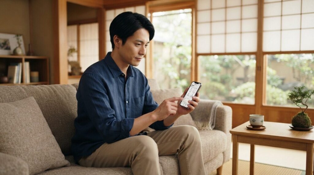 スマートフォンでシロカ公式の取扱説明書PDFを確認する日本人男性