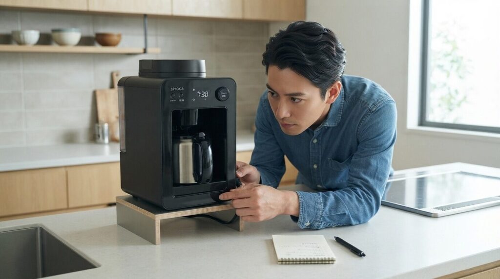 カウンターに置かれたマットブラックSC-A371の底面と電源コードを確認する日本人男性