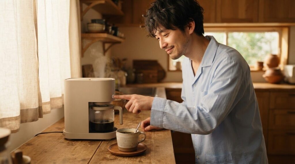 早朝、パジャマ姿でバリスタ本体に静かにボタンを押し、眠そうに微笑む日本人男性