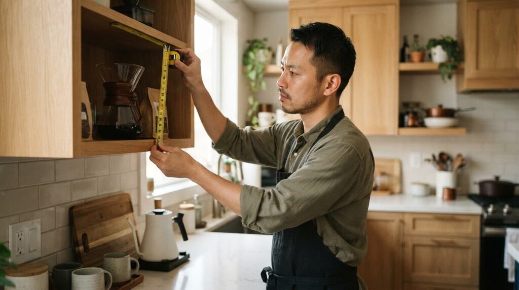 キッチン棚の幅と高さをメジャーで確認する日本人男性