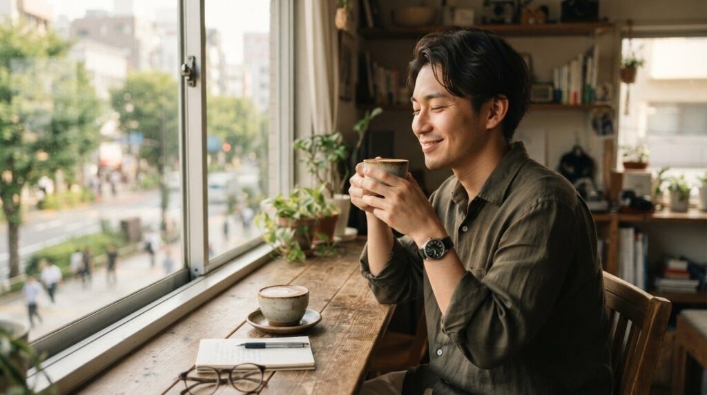黄金色の光の中で淹れたてのコーヒーを満足げに楽しむ日本人男性。最適な1台を見つけた満足の瞬間。