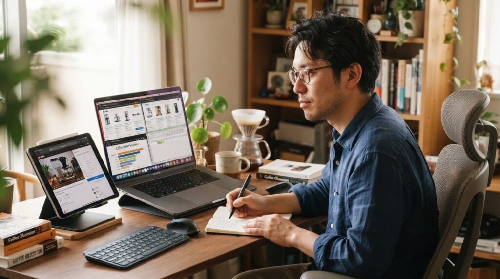 自宅デスクでノートパソコンとタブレットを並べて複数の現行モデルを真剣に比較検討し、ノートに書き込んでいる日本人男性。